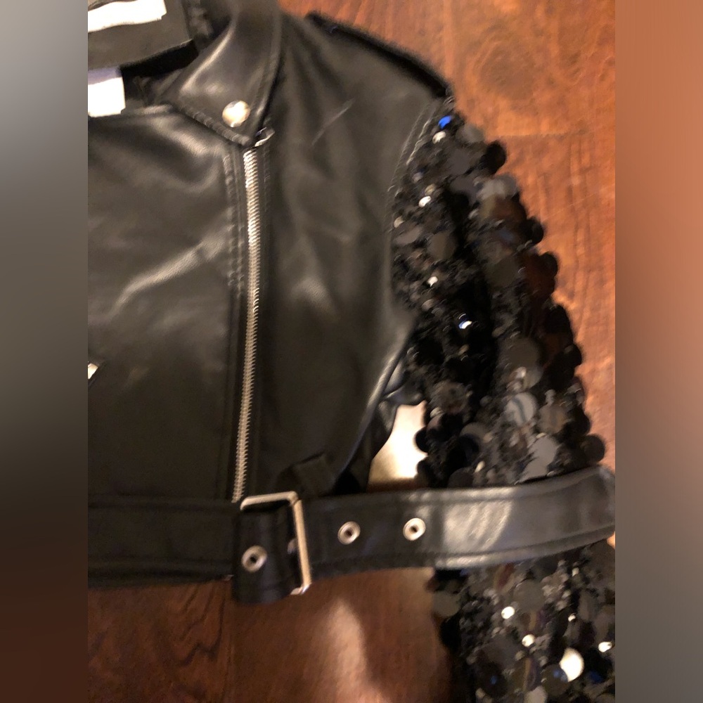 Faux Black Leather Jacket with Sequin Sleeves - Picture 3 of 5